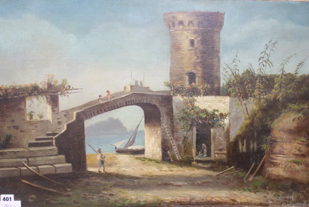 Italian School, oil on canvas, Coastal landscape with figures on battlements, indistinctly signed, 51 x 76cm, unframed